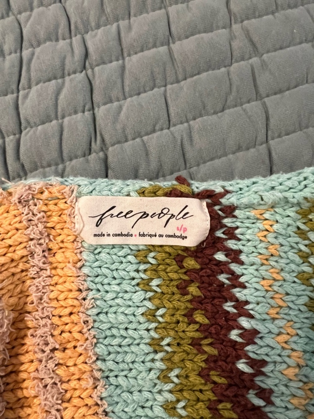 Free People Striped Hand-Knit Cropped Cardigan in Mint, Mustard & Brown - Picture 2 of 6